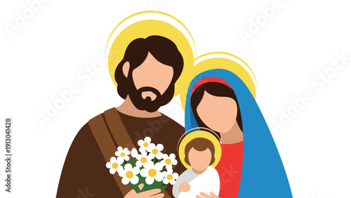 Religious illustration of the Holy Family featuring Joseph, Mary, and the baby Jesus with halos and white flowers in their hands.