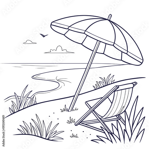 Relaxing Beach Umbrella in Sand with Calm Sea Horizon Line