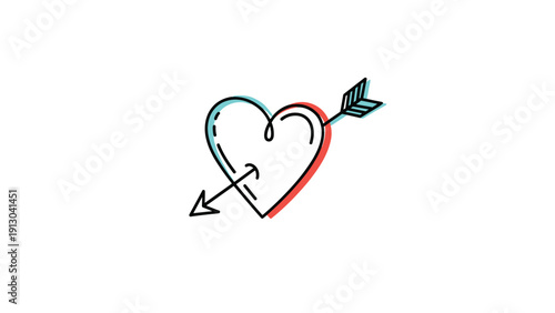 Hand drawn heart icon pierced by an arrow with red and blue color displacement effects for romantic and love themes.