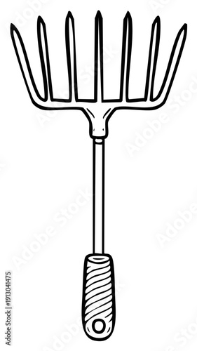 Line drawing illustration of a garden rake tool, suitable for gardening and farming tasks