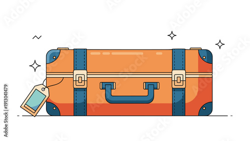 Old fashioned orange and blue suitcase with a travel tag and sparkles representing travel, vacation, and adventures.