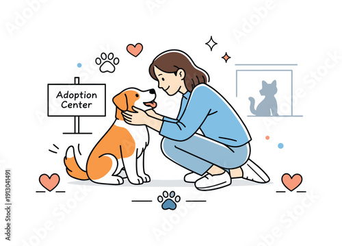 Pet adoption. Person meeting a dog or cat at an adoption center, gentle interaction and warm emotional connection. Friendly,