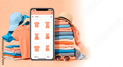 Smartphone displaying a peach-colored clothing app interface next to neatly folded pastel apparel stacks and a straw hat, isolated on a soft peach background.