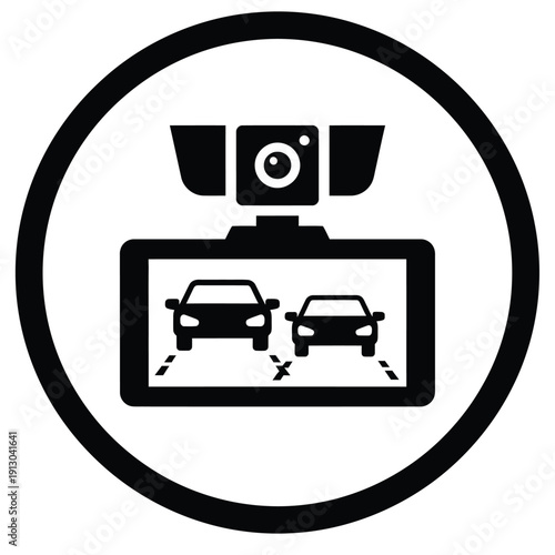 Vector illustration icon black and white icon of a camera with a screen showing two cars in a circle