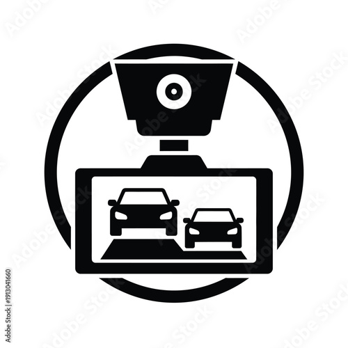 Vector illustration icon black and white icon of a security camera with a monitor displaying two cars on a road scene