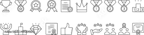 Awards icon set. Including trophy, certificate, badge, and more. Collection with outline style. Vector illustration.