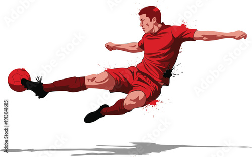 Soccer player kicking ball in mid air with red uniform