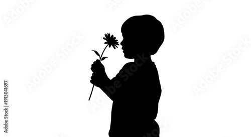 Silhouette of Child Holding Flower Close.