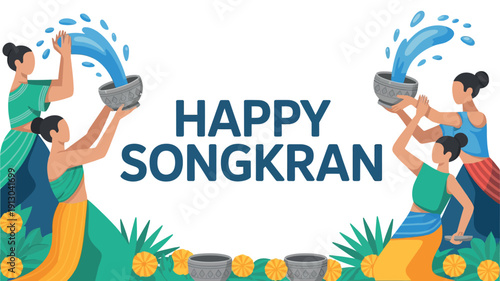 Happy Songkran Festival Greeting with People Pouring Water and Floral Accents
