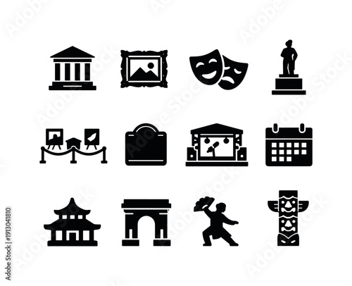   Cultural Attractions. Filled icon set of Cultural Attractions: museum building, art gallery