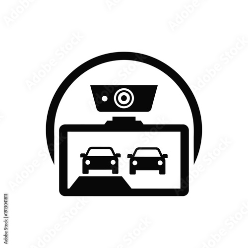 Vector illustration icon black and white graphic of a smartphone displaying a dash cam with two cars on the road