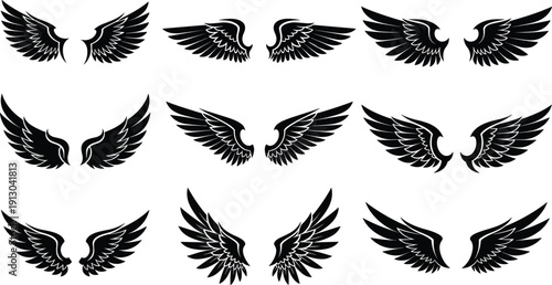 Stylized wing silhouettes, symmetrical feather designs, black vector art, spiritual and fantasy illustration, tattoo and graphic design