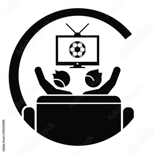 Vector illustration icon person watching soccer game on television with headphones and controller