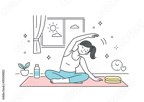 Yoga mat pastel morning routine. A simple editorial scene of stretching on a pastel yoga mat near a window, calm start of the day. Soft light