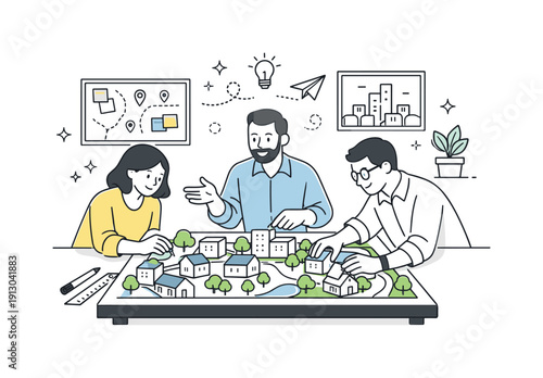 Urban planning offices. Small group discussing a scale model of a neighborhood with buildings and green areas. Hands-on approach to shaping