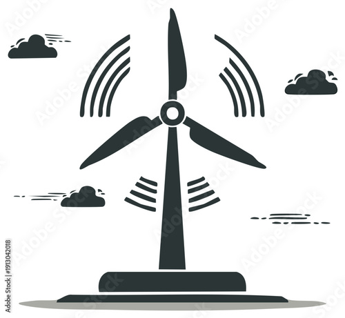 Silhouette of a wind turbine generating clean energy against a stylized cloudy sky.