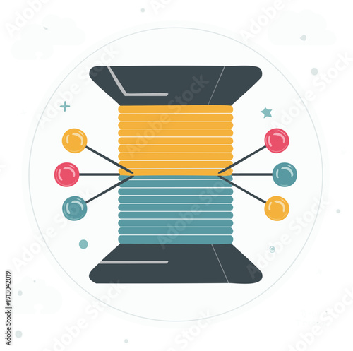 Colorful spool of thread with pins, vector illustration