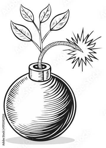 Plant sprouting from a lit bomb symbolizing growth and danger concept illustration