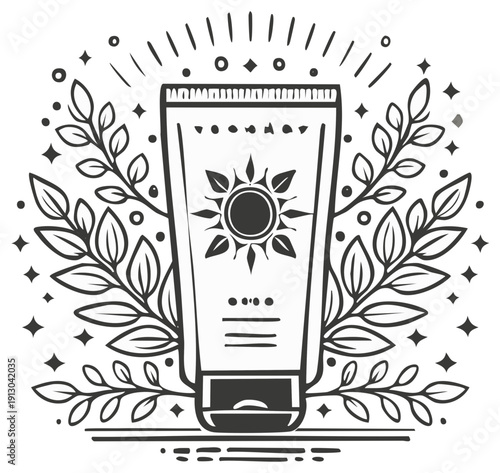 Sunscreen tube with botanical elements and radiating light illustration