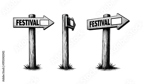 Festival Signage Trio. Outdoor festival directional sign with arrow and text area shown from front view, side view, and three-quarter view as a single object