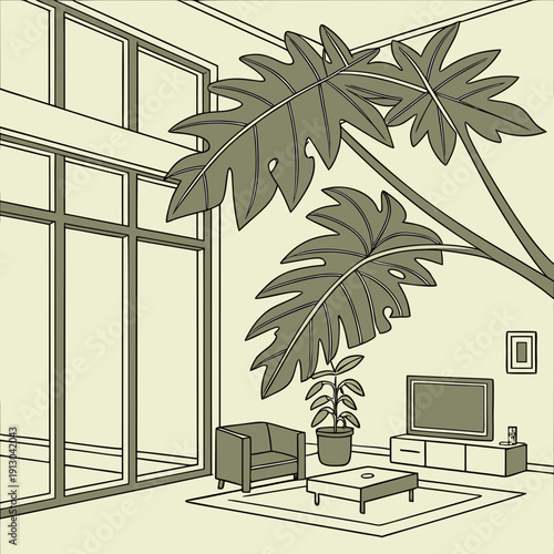 Giant Plant Growing Inside a Modern Apartment Interior