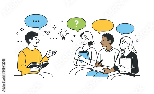 Thoughtful Discussion Icons. Sharing opinions. One person speaking while others listen, holding books and notes, respectful and thoughtful discussion. Visual