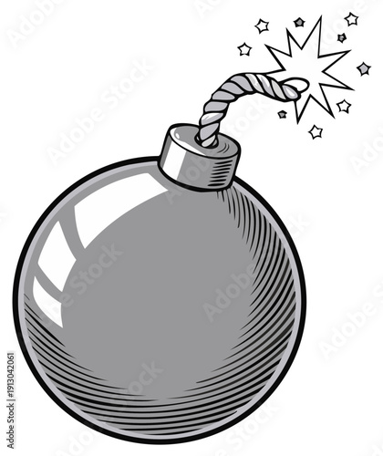 Classic cartoon bomb with lit fuse and explosion effect in pop art style
