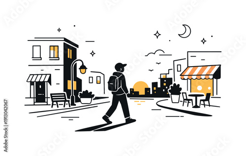 Evening city walks in warm light. Person strolling along a quiet city street as golden evening light reflects on buildings and pavement. Calm