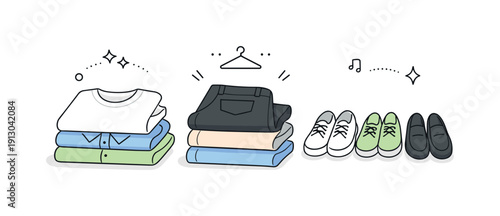 Organizing a closet by categories (shirts, pants, shoes). A flat-lay style composition showing clothing groups arranged side by side before