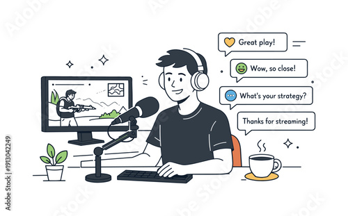 Streaming commentary. Solo game commentator at home setup with microphone, screen, and chat messages appearing nearby. Relaxed but focused