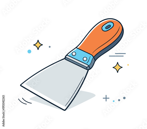 Putty knife close-up detail. Clean editorial close-up focusing on the blade and handle of a putty knife, smooth curves and clear proportions