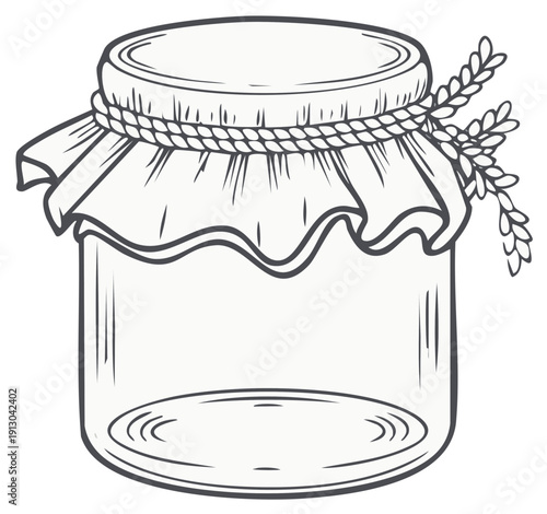 Hand drawn glass jar with fabric lid and twine decoration with floral sprig