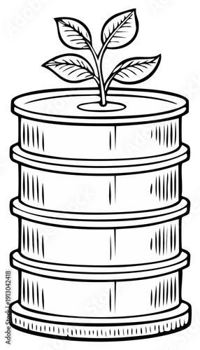 Stack of growth barrels with a young plant sprouting from the top
