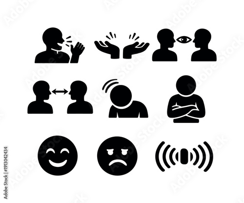   Body language in talk. Filled icon set of Body language in talk: speaking person gesture,