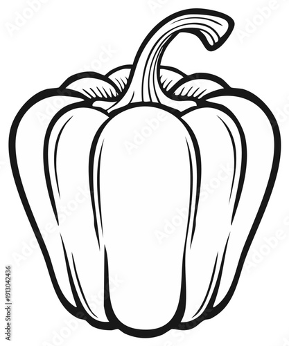 Bold Monochrome Illustration of a Bell Pepper with Detailed Stem and Outline