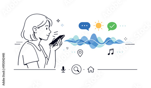 Voice Assistant Interaction. Voice assistant interaction. A person speaking to a smartphone with gentle audio waves and response icons, focused and effortless