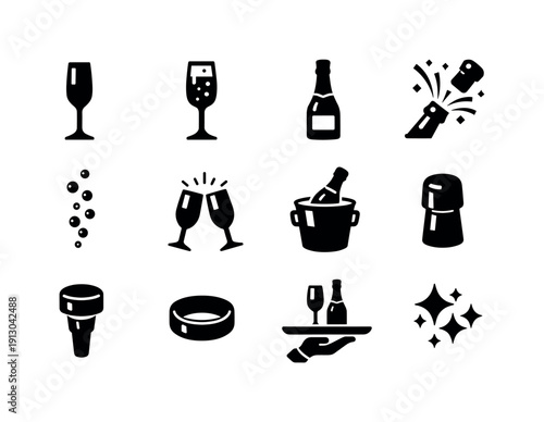   Champagne Flute. Solid icon set of Champagne Flute: champagne flute, sparkling wine glass, champagne bottle, popping cork, bubbles stream,