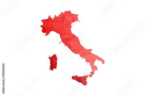 Italy Map - Polygon Style Vector Illustration in Red Gradient, Low Poly Geometric Design, Isolated on White Background, Perfect for Infographics, Reports, and Educational Materials.