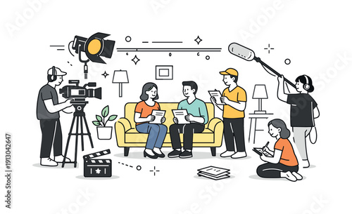 Behind-the-scenes of sitcoms. Actors rehearsing lines on a simple set while crew members adjust lights and cameras. Relaxed, friendly