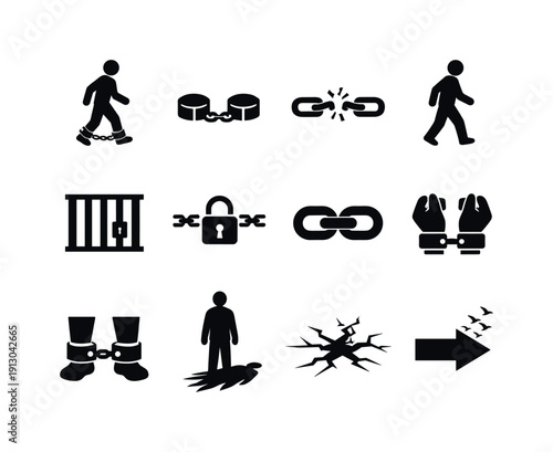   Person walking in chains. Solid icon set of Person walking in chains: chained feet, shackles, broken chain, walking silhouette, prison bars,