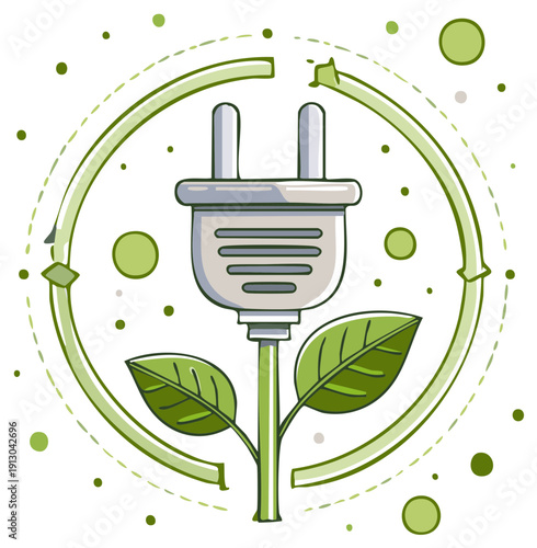 Renewable energy power concept illustration, plant sprout with plug in circle arrow, green energy, natural electricity