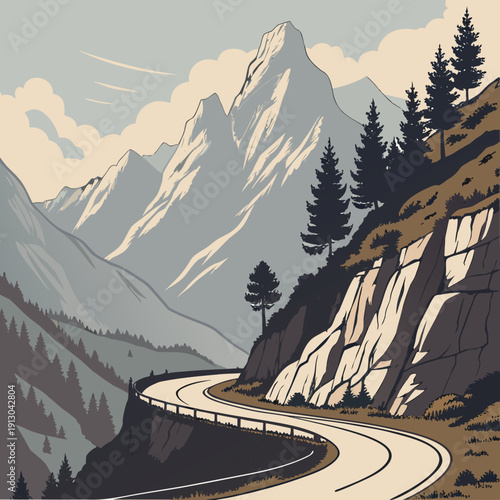 Mountain pass with a curved road, adventure, travel, and scenic route.