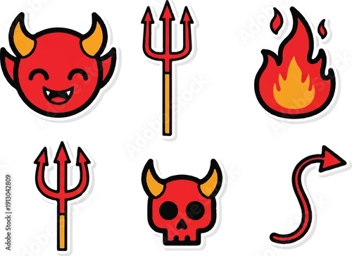 Cartoon devil icons set red fiery elements graphic design illustrations