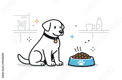 Dog breakfast time. A dog sitting patiently next to a filled food bowl in the kitchen. Calm obedience, cozy home morning