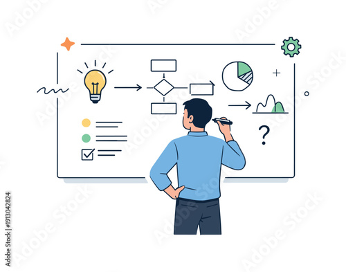   Solo problem-solving whiteboard scenes. Individual standing at a whiteboard sketching ideas and diagrams, focused posture and calm