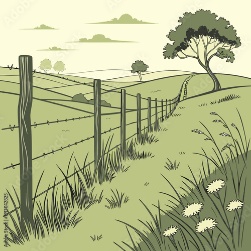 Rural Fence Line Across Field Landscape