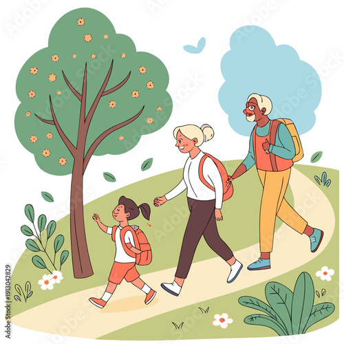 Multi-generation family walking happily in park, bonding and outdoor activity.