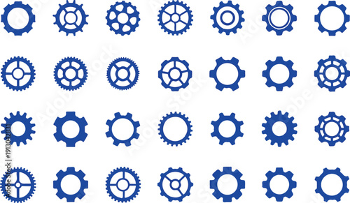 A collection of blue gear icons on a white background for industrial or mechanical concepts