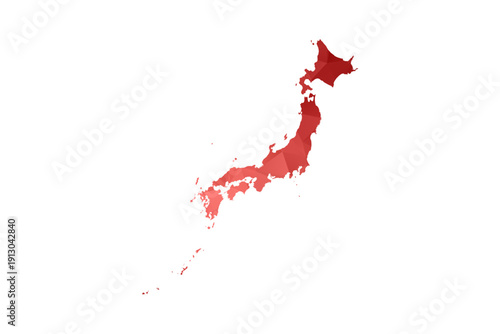 Japan Map - Polygon Style Vector Illustration in Red Gradient, Low Poly Geometric Design, Isolated on White Background, Perfect for Infographics, Reports, and Educational Materials.