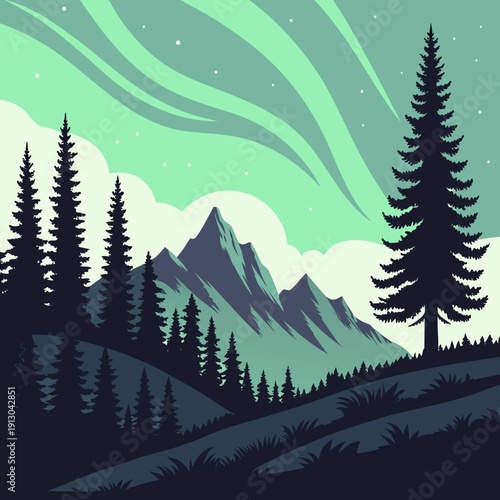 Northern lights landscape above mountains and forest, aurora borealis magic.